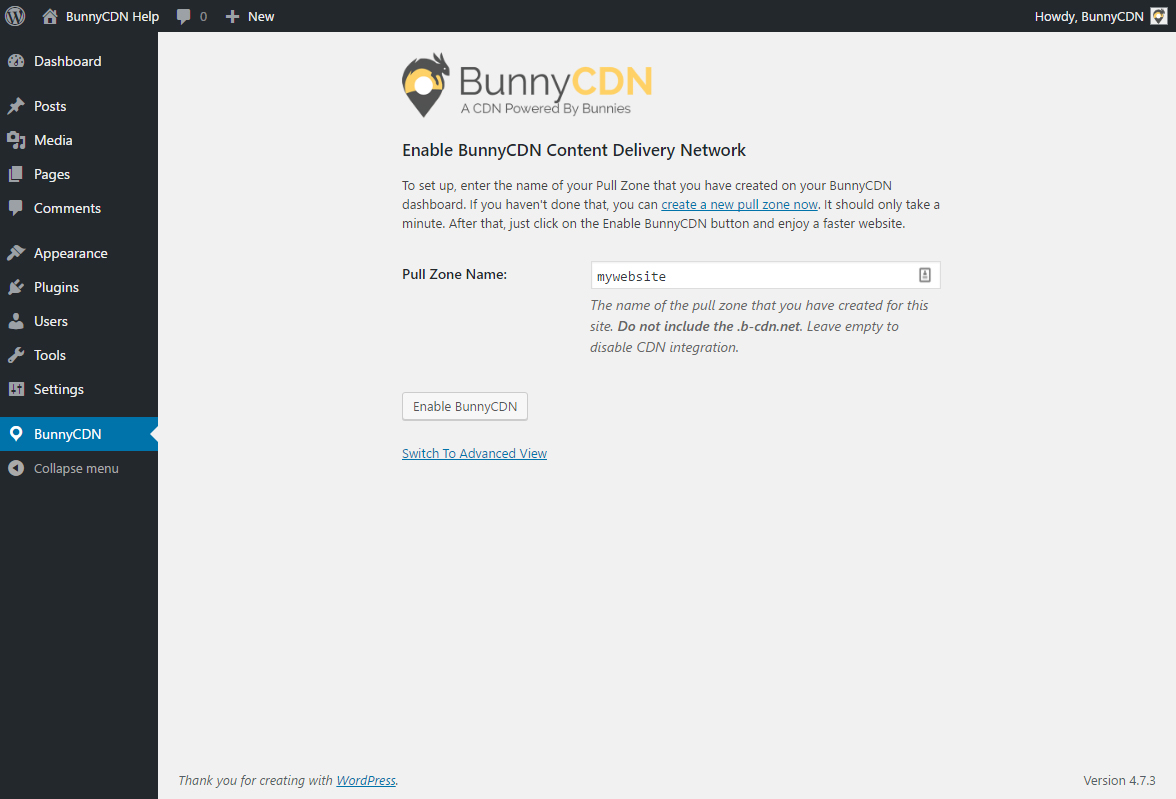 BunnyCDN plugin dashboard