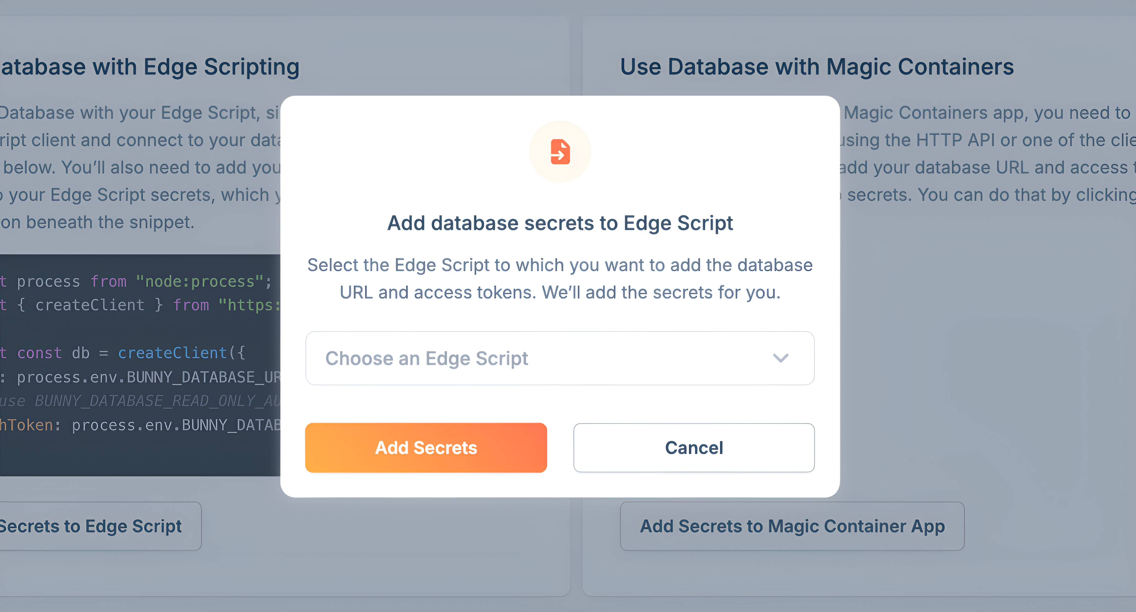 Bunny Database dashboard showing the option to add a secret using Edge Scripting