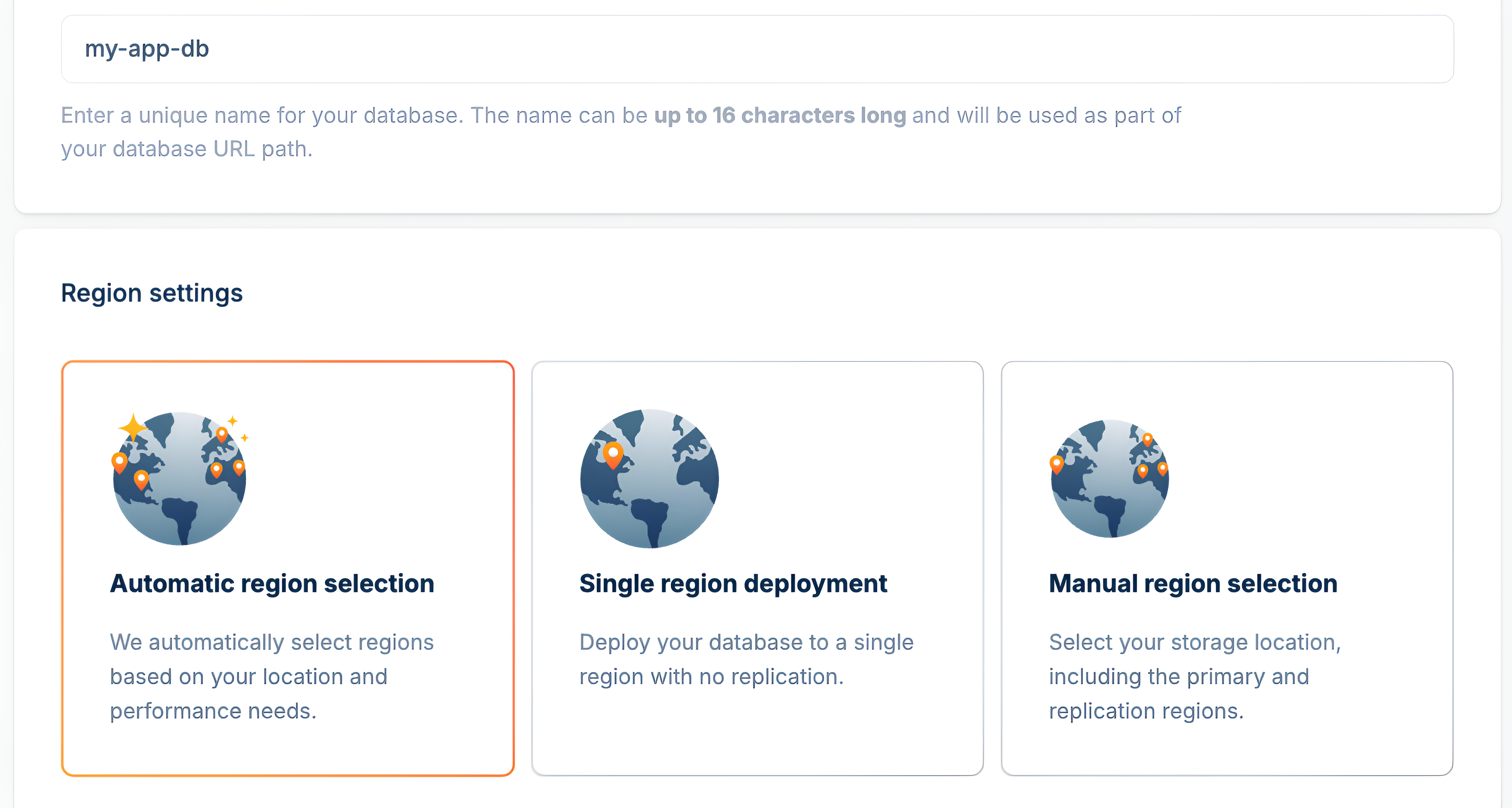 Bunny Database dashboard showing region selection options